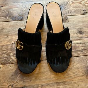 Gucci Black Suede GG Marmont Fringe Slide Sandals